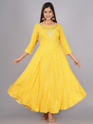 Shri Krishna Print Women Embroidered Anarkali Kurta(Yellow)