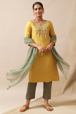 W Women Solid Straight Kurta(Yellow, Gold)