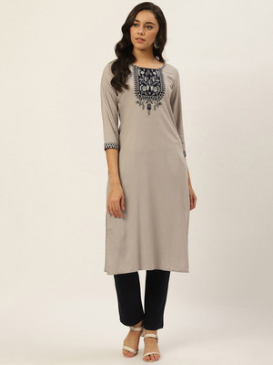 ANOUK Women Embroidered Straight Kurta(Grey)