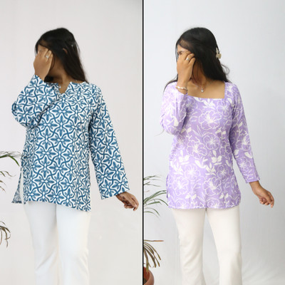 aanzri Women Printed Straight Kurta(Blue, Purple)