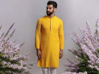 seetoo Men Chikan Embroidery Straight Kurta(Yellow)
