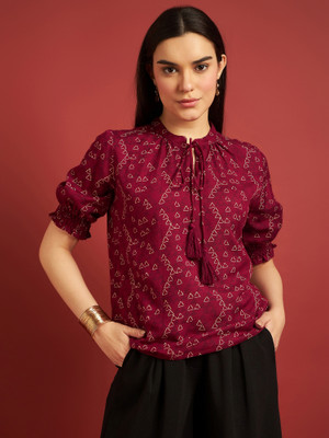 all about you Women Geometric Print Cape Top Kurta(Maroon)