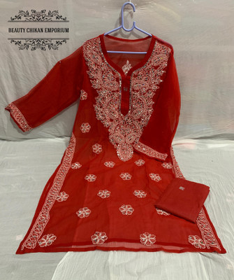 Beauty Chikan Emporium Women Chikan Embroidery Straight Kurta(Red)