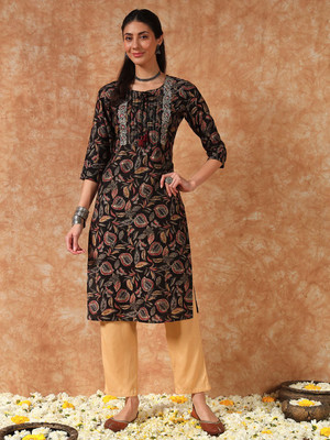 MEERANSHI LIVING Women Floral Print Straight Kurta(Black)