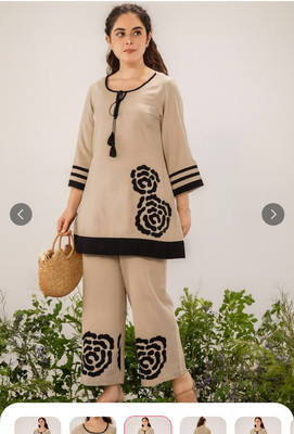 NAIDA Women Chikan Embroidery, Striped A-line Kurta(Beige, Black)