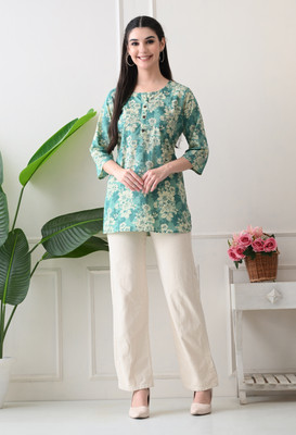 Anmi A-Line stright short kurtis Floral Print Women A-line Kurta(Blue, Beige)