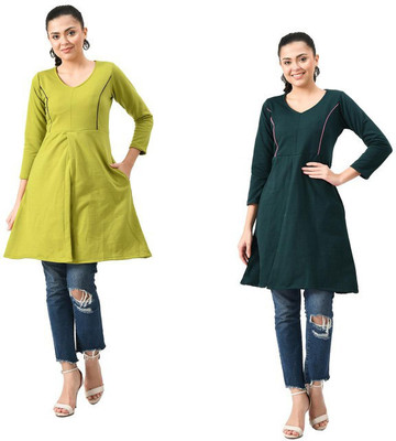Indeweaves Women Solid A-line Kurta(Dark Green, Light Green)
