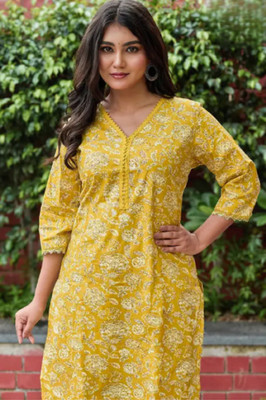 Lishakurti Women Printed A-line Kurta(Yellow)