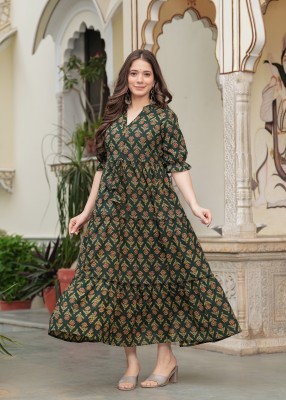 Ananya Fashion Women Printed Gown Kurta(Green)