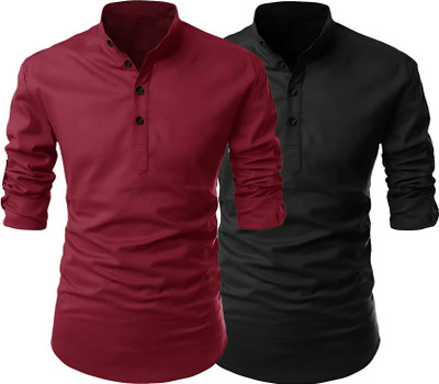 Fashion Marts Men Solid Straight Kurta(Black, Maroon)