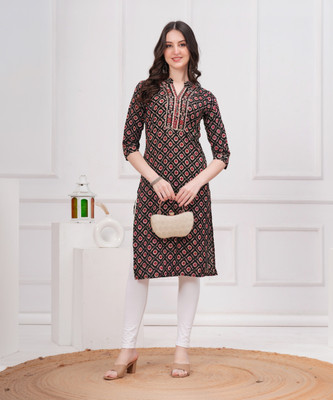 Highlight fashion export Women Printed Straight Kurta(Black)