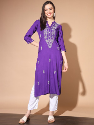 ANGITA Women Chikan Embroidery Straight Kurta(Purple)