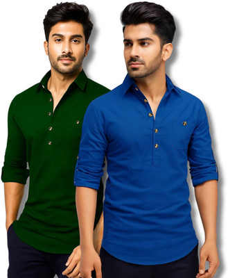 CROWNTAIL Men Solid Straight Kurta(Green, Dark Blue)