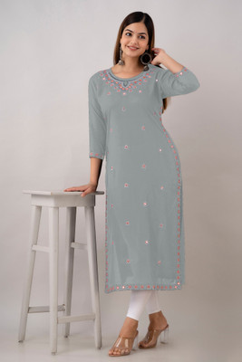 HouseOfCommon Women Embroidered Straight Kurta(Grey)