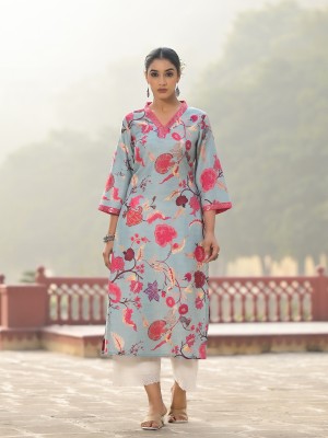 Varanga Women Printed Straight Kurta(Light Blue)