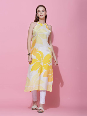 Ranng Label Women Floral Print Straight Kurta(Yellow, White)