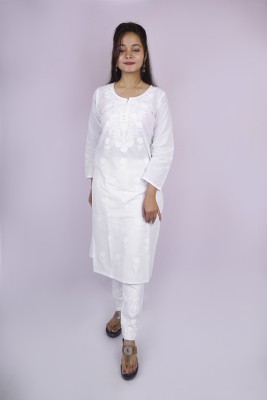 Adab chikan handicraft Women Embroidered A-line Kurta(White)