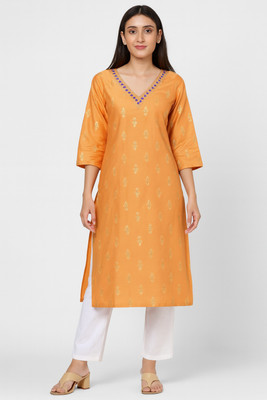 kavi silk Women Printed, Embroidered Straight Kurta(Orange)