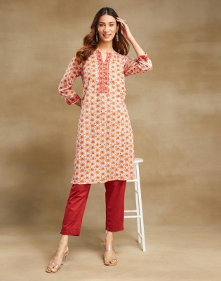 Fabindia Women Printed Straight Kurta(Orange)