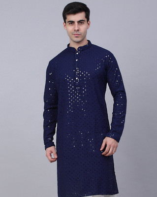 KSH Trendz Men Embroidered Straight Kurta(Dark Blue)