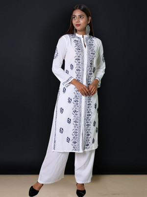 INDICRAFT Women Chikan Embroidery Frontslit Kurta(Dark Blue, White)