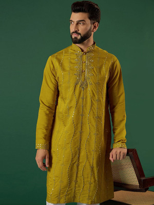 ANOUK Men Floral Print Straight Kurta(Yellow)