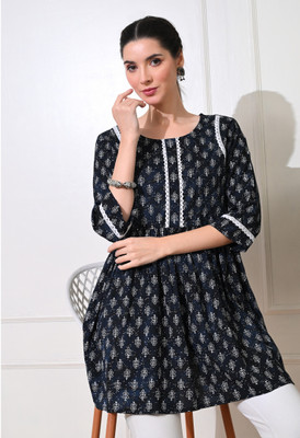 METAFAB Women Printed Flared Kurta(Dark Blue)