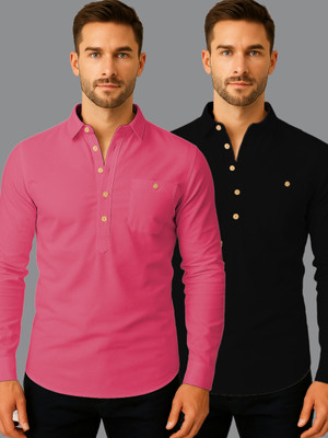 KNOWTED Men Solid Straight Kurta(Pink, Black)