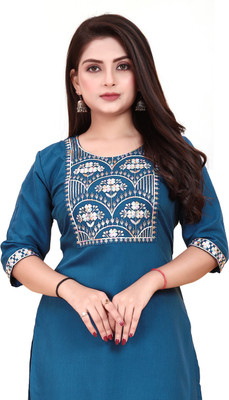 KNG TEXTILE Women Embroidered A-line Kurta(Blue)