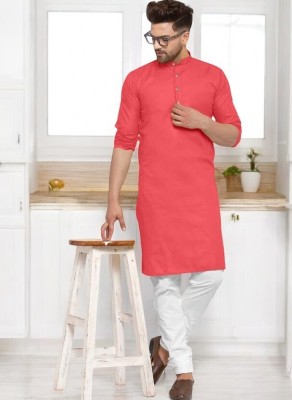 The Fashion Outlets Men Solid Straight Kurta(Pink)