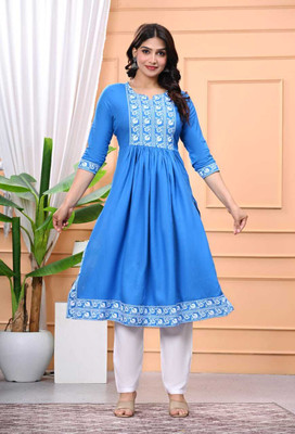 Diwikj Women Printed, Block Print A-line Kurta(Light Blue)