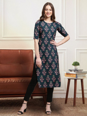 HERE&NOW Women Floral Print Straight Kurta(Blue)