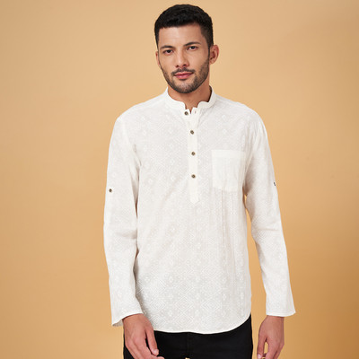 Indus Route by Pantaloons Men Self Design A-line Kurta(White)