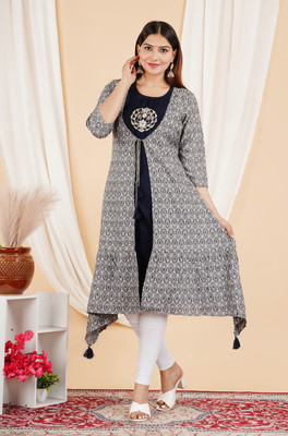 CAPUA Women Printed Flared Kurta(Grey)