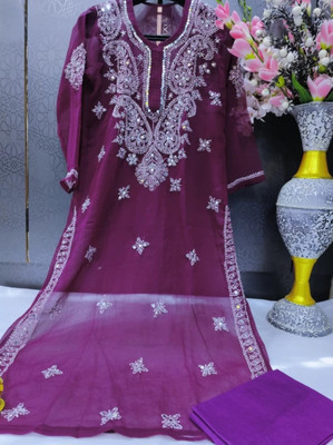 Handwork Chikankari Women Chikan Embroidery A-line Kurta(Purple)