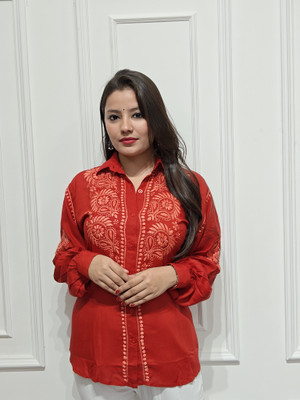 Fatima Chikan Handicraft Women Chikan Embroidery Straight Kurta(Red)