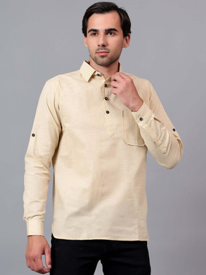 FireFish Men Solid Straight Kurta(Beige)