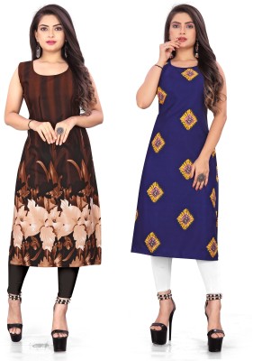 Hiral Creation Women Printed Straight Kurta(Brown, Blue)