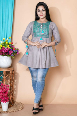 GRfashion Women Embroidered Cape Top Kurta(Grey)