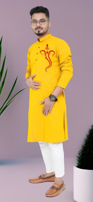 M Biswas Men Printed Straight Kurta(Yellow)