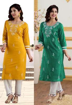 vikshi Women Chikan Embroidery Straight Kurta(Multicolor)