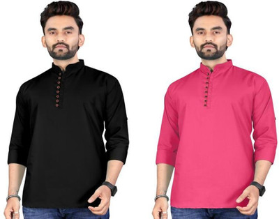 click n buy Men Solid Asymmetric Kurta(Black, Pink)
