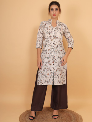 MyTrendzs Women Floral Print Straight Kurta(Brown)