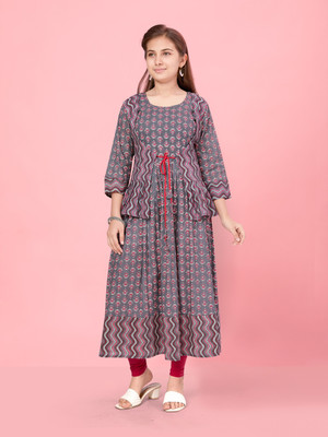 Sangria Girls Printed Flared Kurta(Grey)