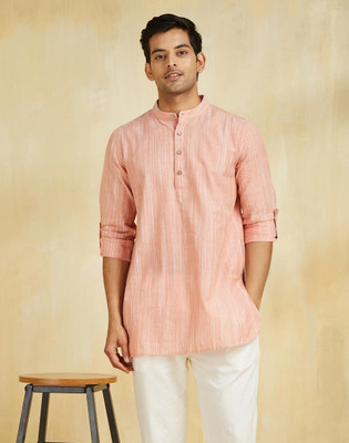Fabindia Men Woven Design Straight Kurta(Pink)