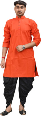 Sumit online Men Self Design Straight Kurta(Orange)