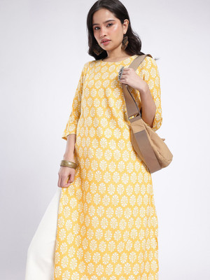 Anouk Rustic Women Printed Straight Kurta(Yellow)
