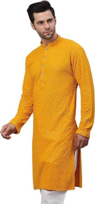 DHASU TRENDZ Men Chikan Embroidery Straight Kurta(Yellow)