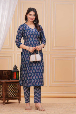 meyora Women Printed Straight Kurta(Blue)