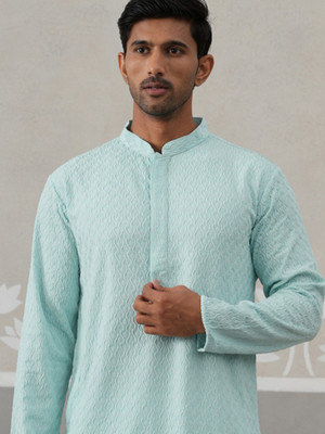 Jompers Men Embroidered Straight Kurta(Blue)